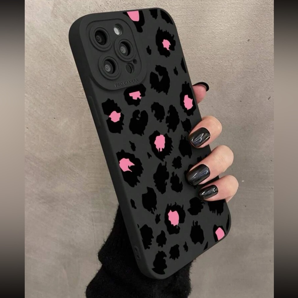 iPhone 14 Pro Max Black and Pink Leopard Phone Case